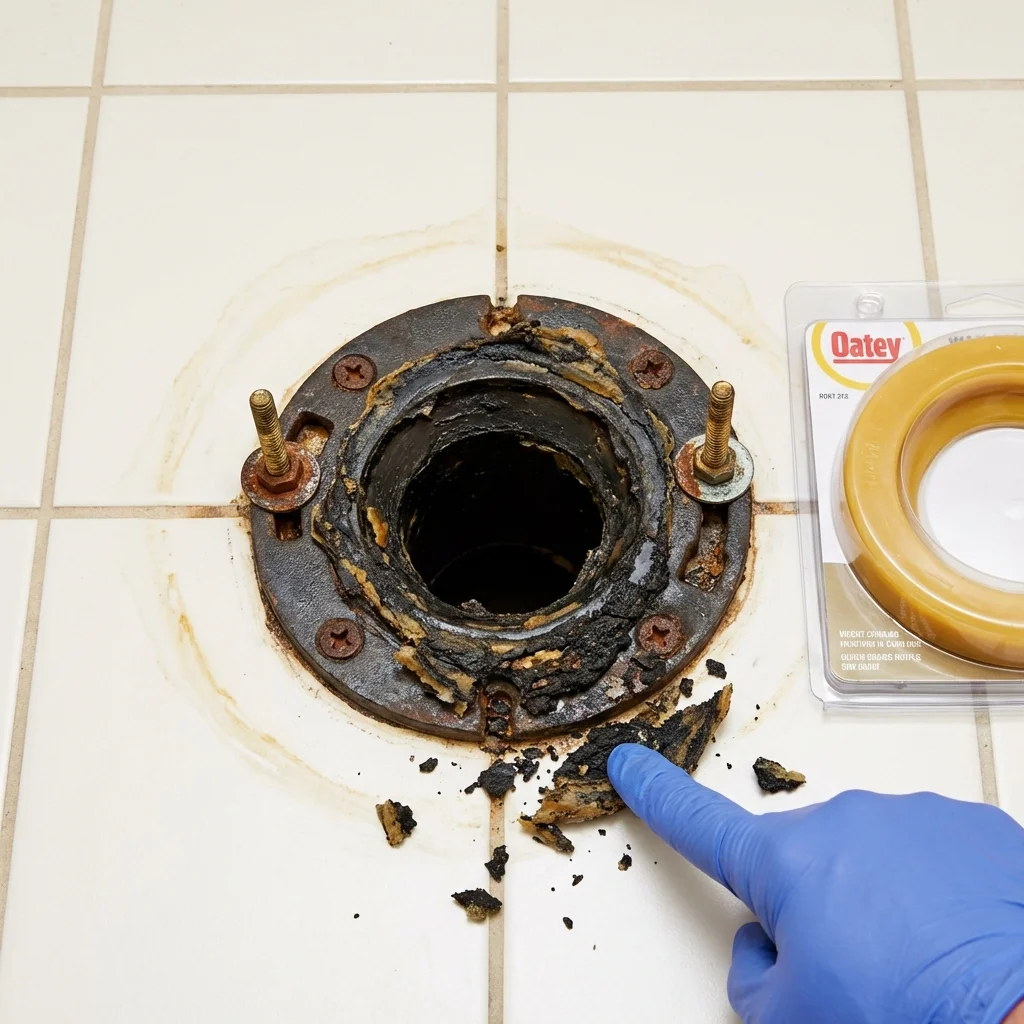 Failed wax ring showing water seepage at the base of a toilet in a Alexandria, SD home