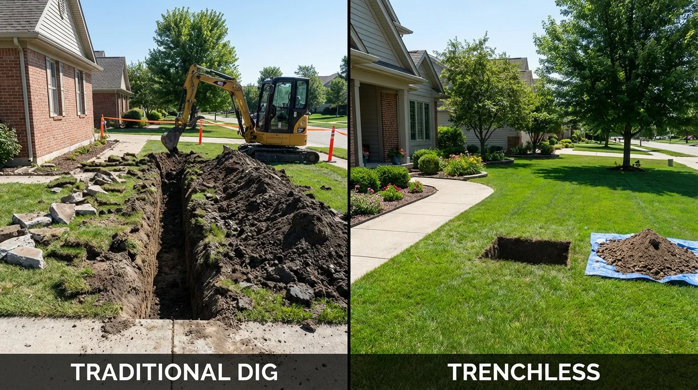 Trenchless sewer repair with minimal yard damage versus traditional excavation in Alexandria, SD