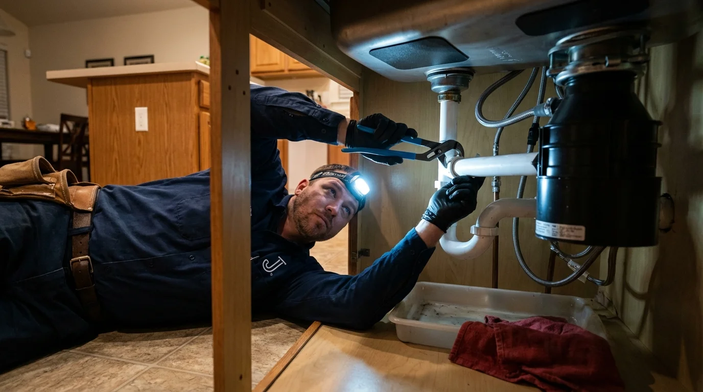 P-trap and supply line connections under a kitchen sink showing a common leak point in Alexandria, SD